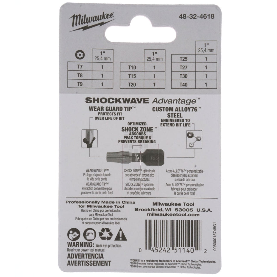 Milwaukee 48-32-4618 SHOCKWAVE 10-Piece Impact Security Torx Bit Set, 1" Length