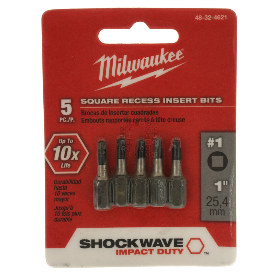 Milwaukee Tool 48-32-4621 SHOCKWAVE Impact SQ1 Square Recess #1 Insert Bits, 5-Pack