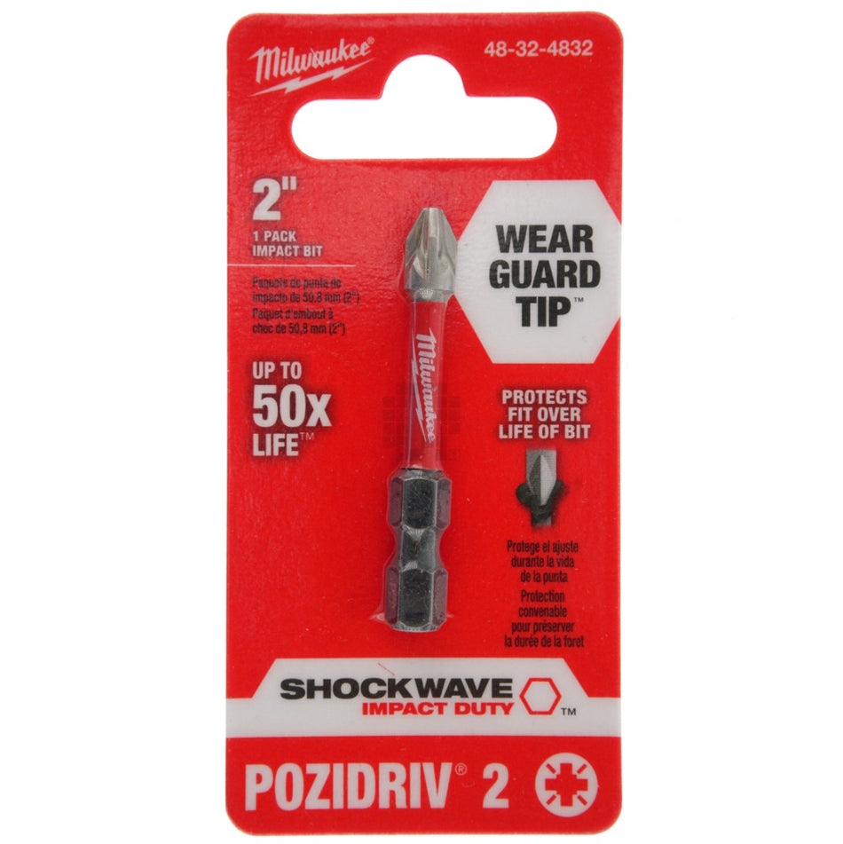 Milwaukee Tool 48-32-4832 SHOCKWAVE 2" Impact Duty Pozidriv 2 Bit, 1 Pack