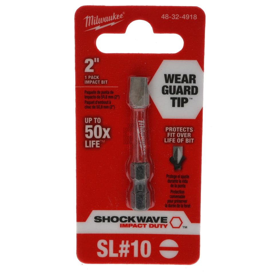 Milwaukee Tool 48-32-4918 SHOCKWAVE Impact Slotted 1/4" Power Bit, SL#10, 2" Length