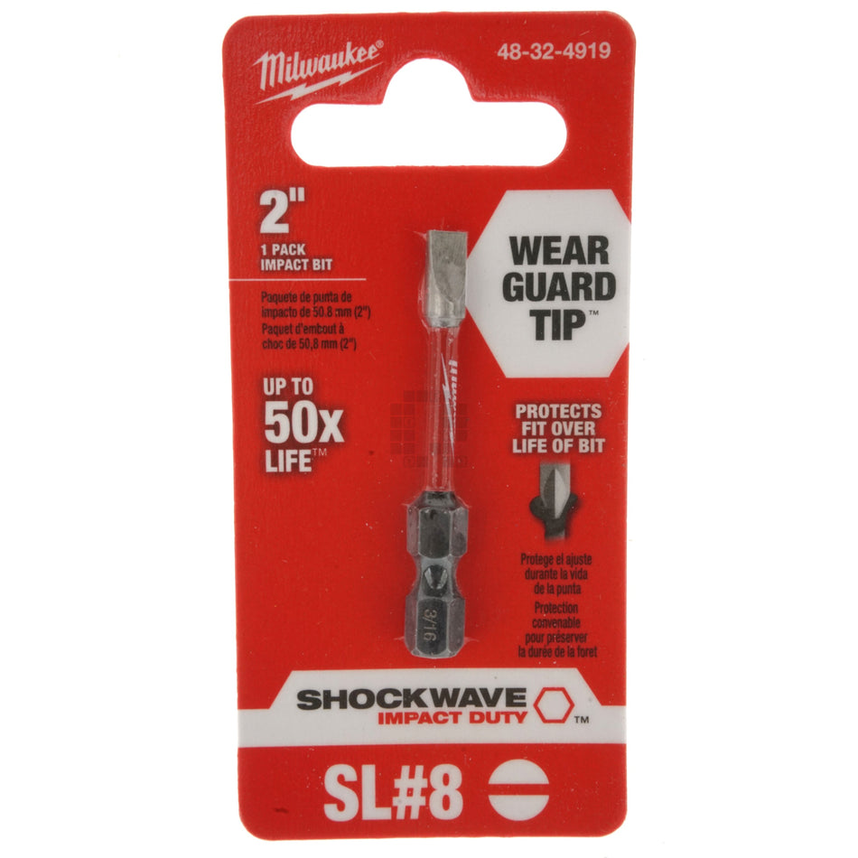 Milwaukee Tool 48-32-4919 SHOCKWAVE 2" Impact Slotted 3/16" Power Bit, SL#8