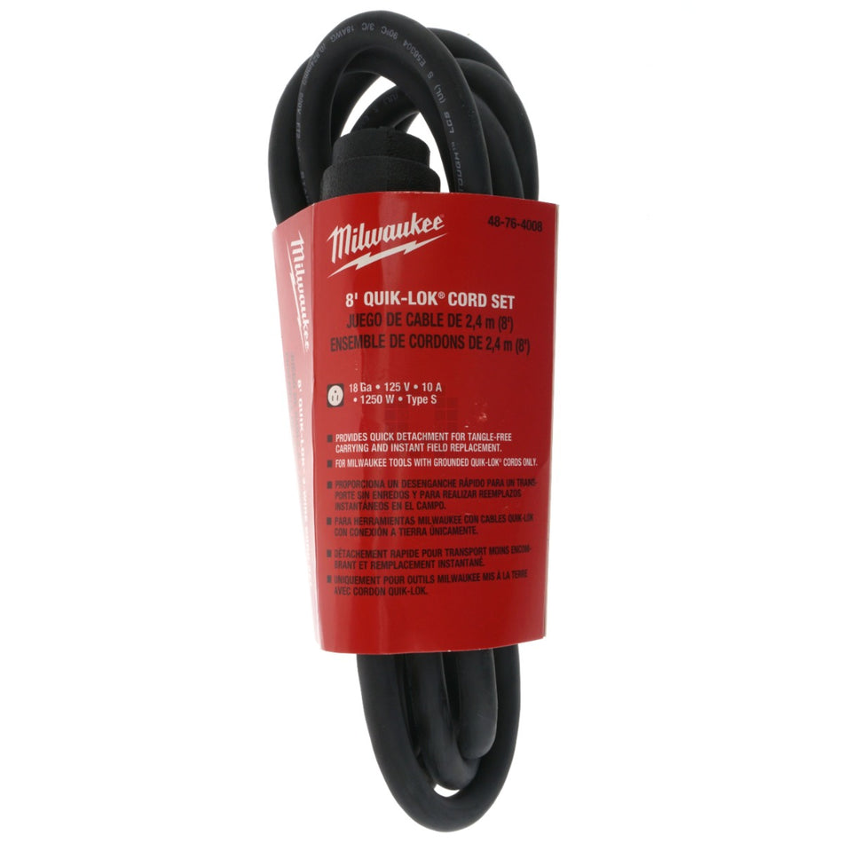 Milwaukee Tool 48-76-4008 8' Quik-Lok Cord Set, 18ga 125VAC 10 Amps Type S