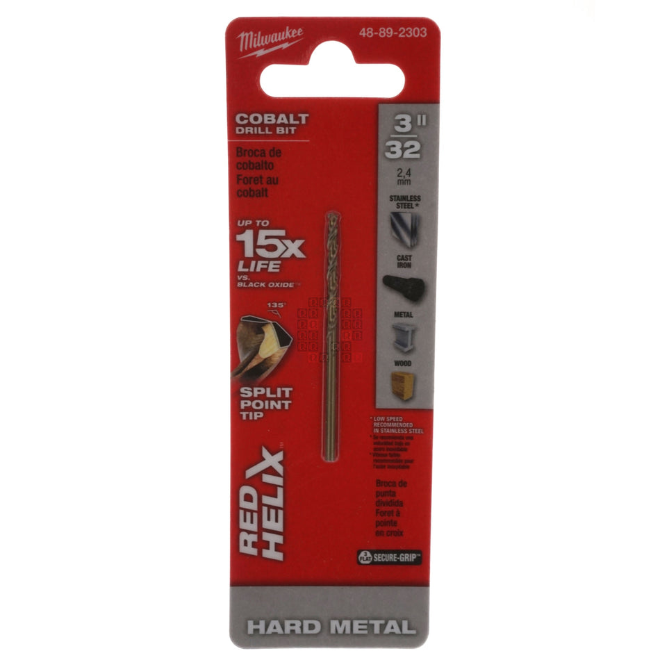 Milwaukee 48-89-2303 RED HELIX Hard Metal Cobalt Drill Bit, 3/32", 135° Split Point