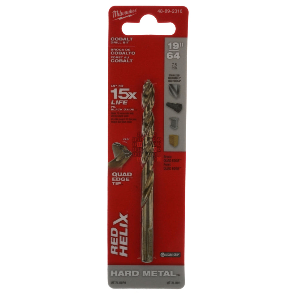 Milwaukee Tool 48-89-2316 19/64" Hard Metal Cobalt RED HELIX Drill Bit, 135° Split Point