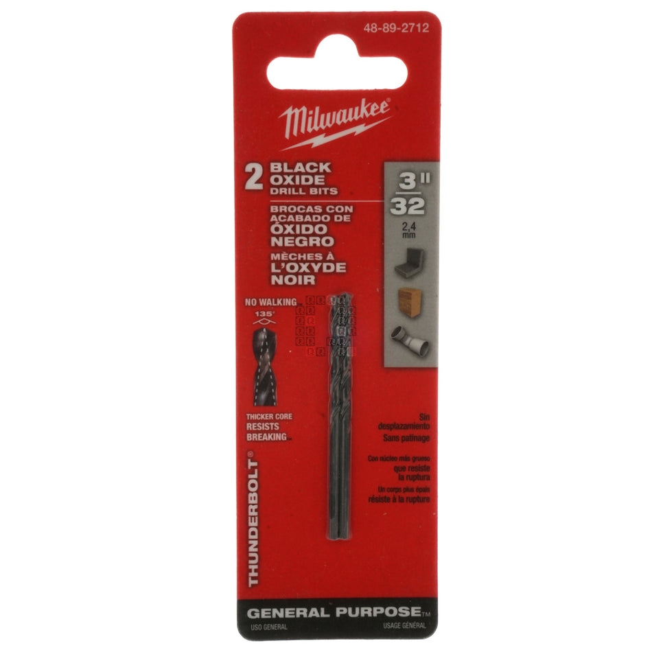 Milwaukee 48-89-2712 THUNDERBOLT Black Oxide Drill Bit, 3/32", 135° Split Point, 2-Pack