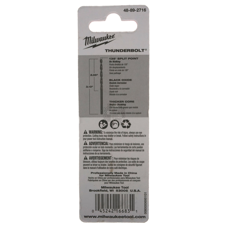 Milwaukee Tool 48-89-2716 THUNDERBOLT Black Oxide Drill Bit, 5/32" 135° Split Point