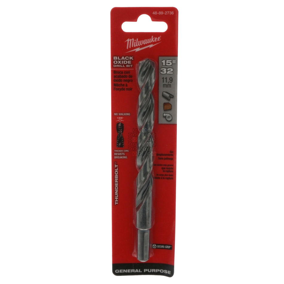 Milwaukee 48-89-2736 Thunderbolt Black Oxide Drill Bit, 15/32" Diameter, 135° Split Point, 3/8" Reduced Shank