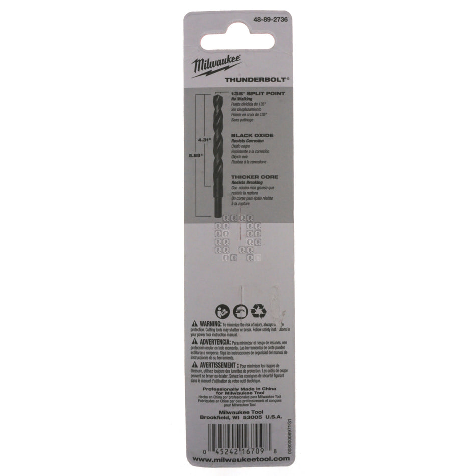 Milwaukee 48-89-2736 Thunderbolt Black Oxide Drill Bit, 15/32" Diameter, 135° Split Point, 3/8" Reduced Shank