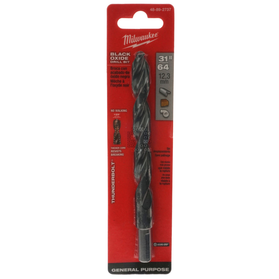 Milwaukee 48-89-2737 Thunderbolt Black Oxide Drill Bit, 31/64" Diameter, 135° Split Point, 3/8" Reduced Shank