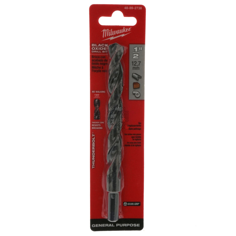 Milwaukee 48-89-2738 Thunderbolt Black Oxide Drill Bit, 1/2" Diameter, 3/8" Reduced Shank