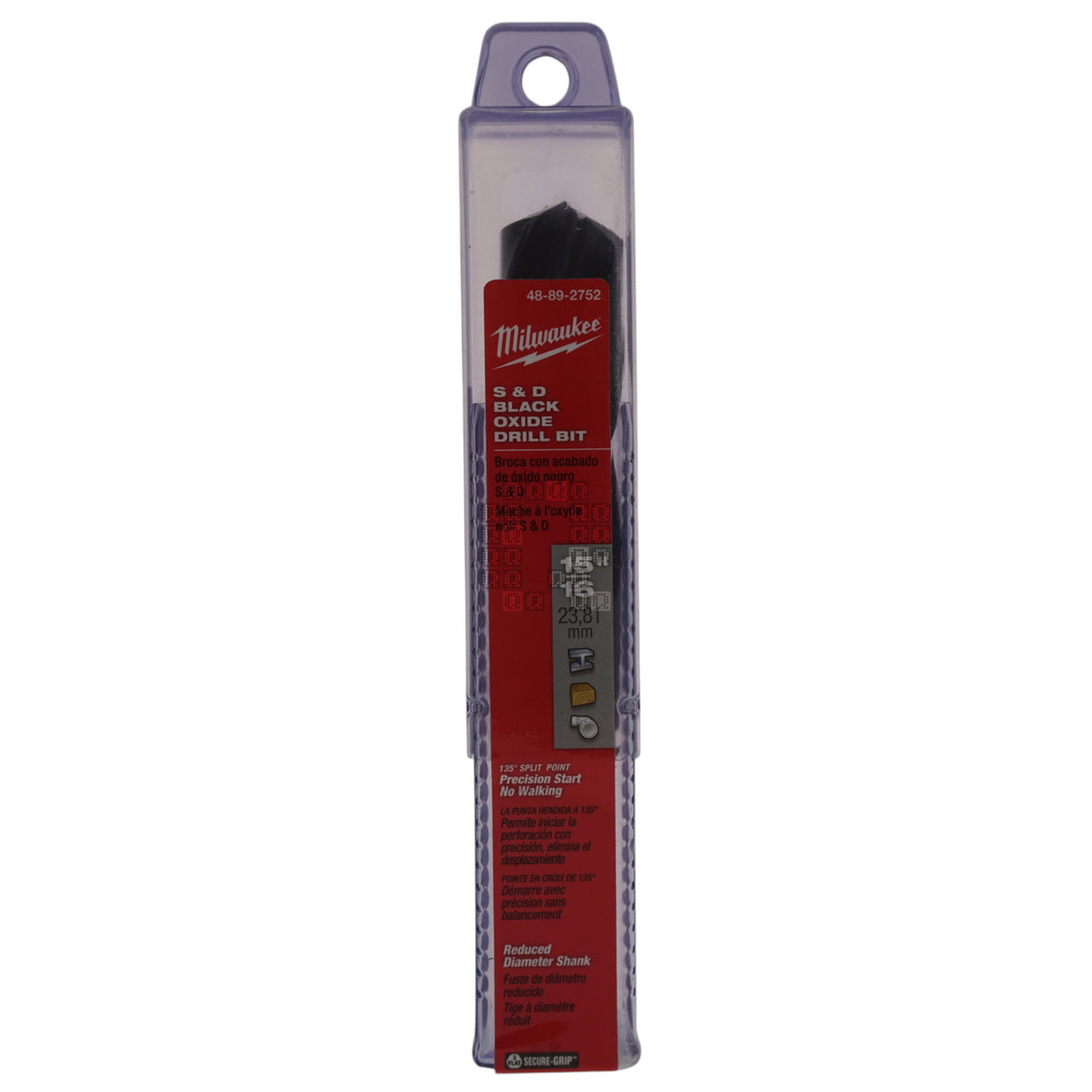 Milwaukee Tool 48892752 48-89-2752 S&D 15/16" HSS Black Oxide Drill Bit, 135° Split Point, 1/2" 3-Flat Reduced Shank Package Front