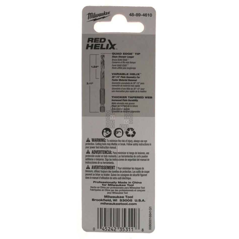 Milwaukee Tool 48-89-4610 SHOCKWAVE RED HELIX Titanium Drill Bit, 13/64" Diameter