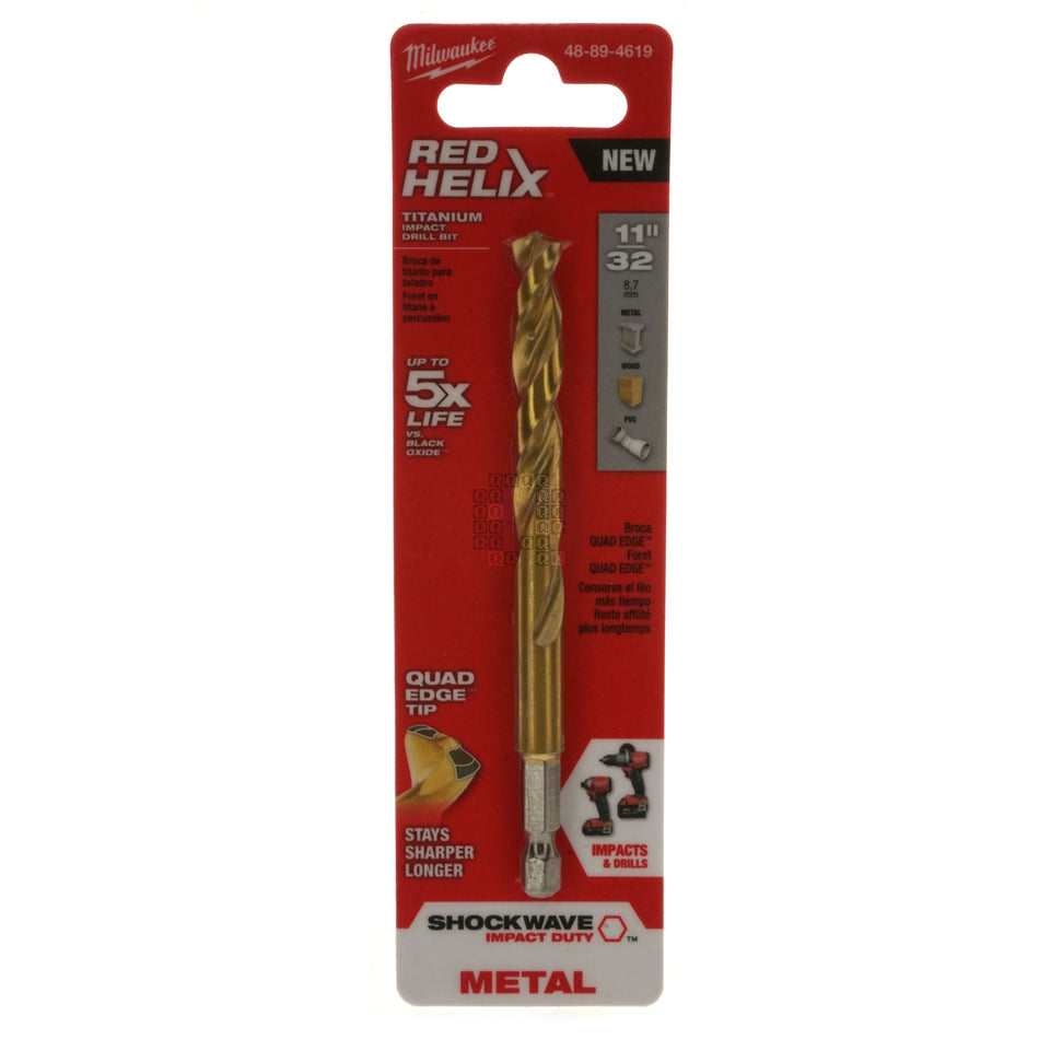 Milwaukee 48-89-4619 SHOCKWAVE RED HELIX Impact Titanium Drill Bit, 11/32" Diameter