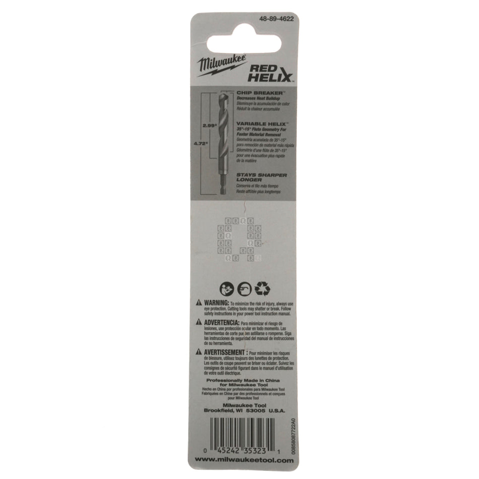 Milwaukee Tool 48-89-4622 SHOCKWAVE RED HELIX Impact Titanium Drill Bit, 25/64", 135° Split Point