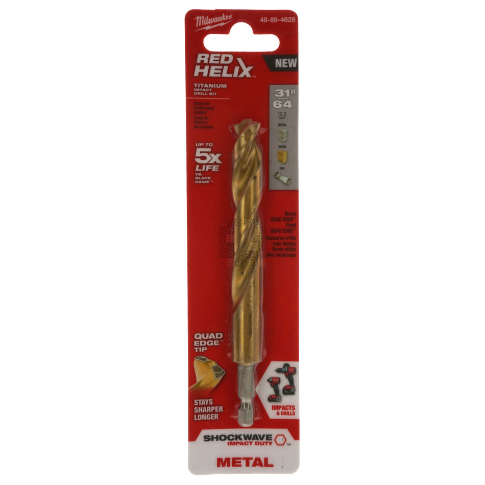 Milwaukee Tool 48-89-4628 SHOCKWAVE RED HELIX Impact Titanium Drill Bit, 31/64"