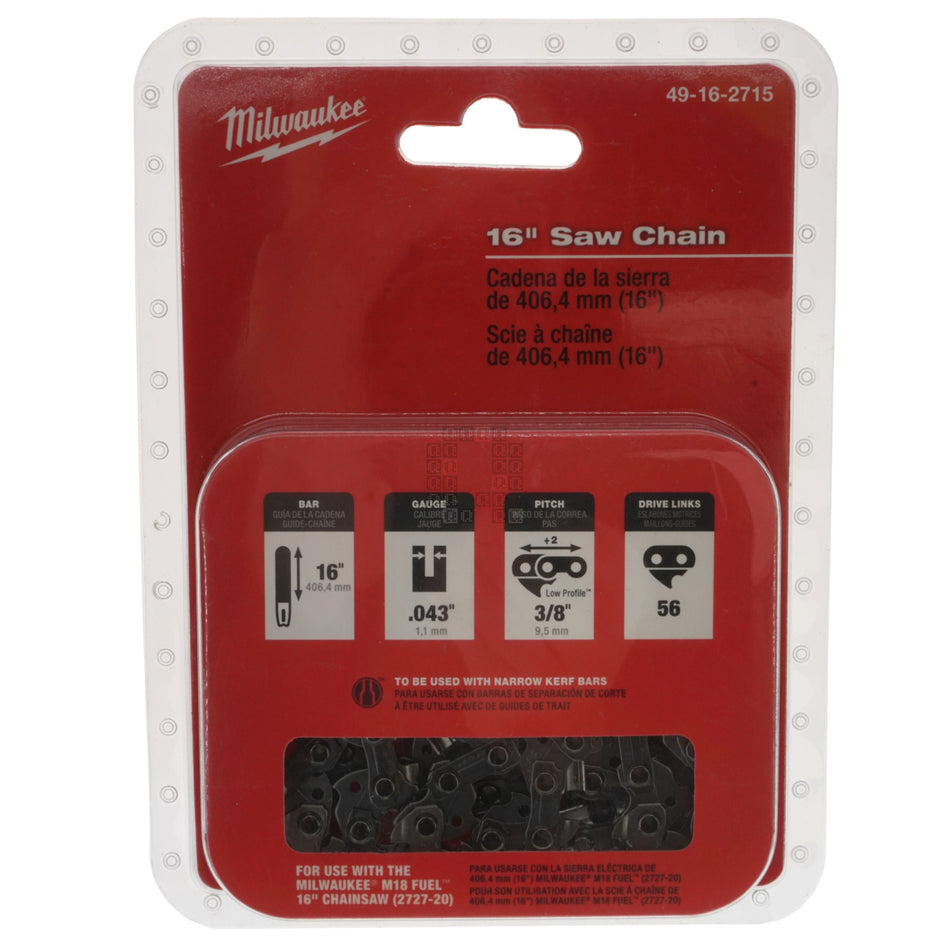 Milwaukee Tool 49-16-2715 16" Chainsaw Saw Chain, 3/8" Pitch, 0.043" Gauge