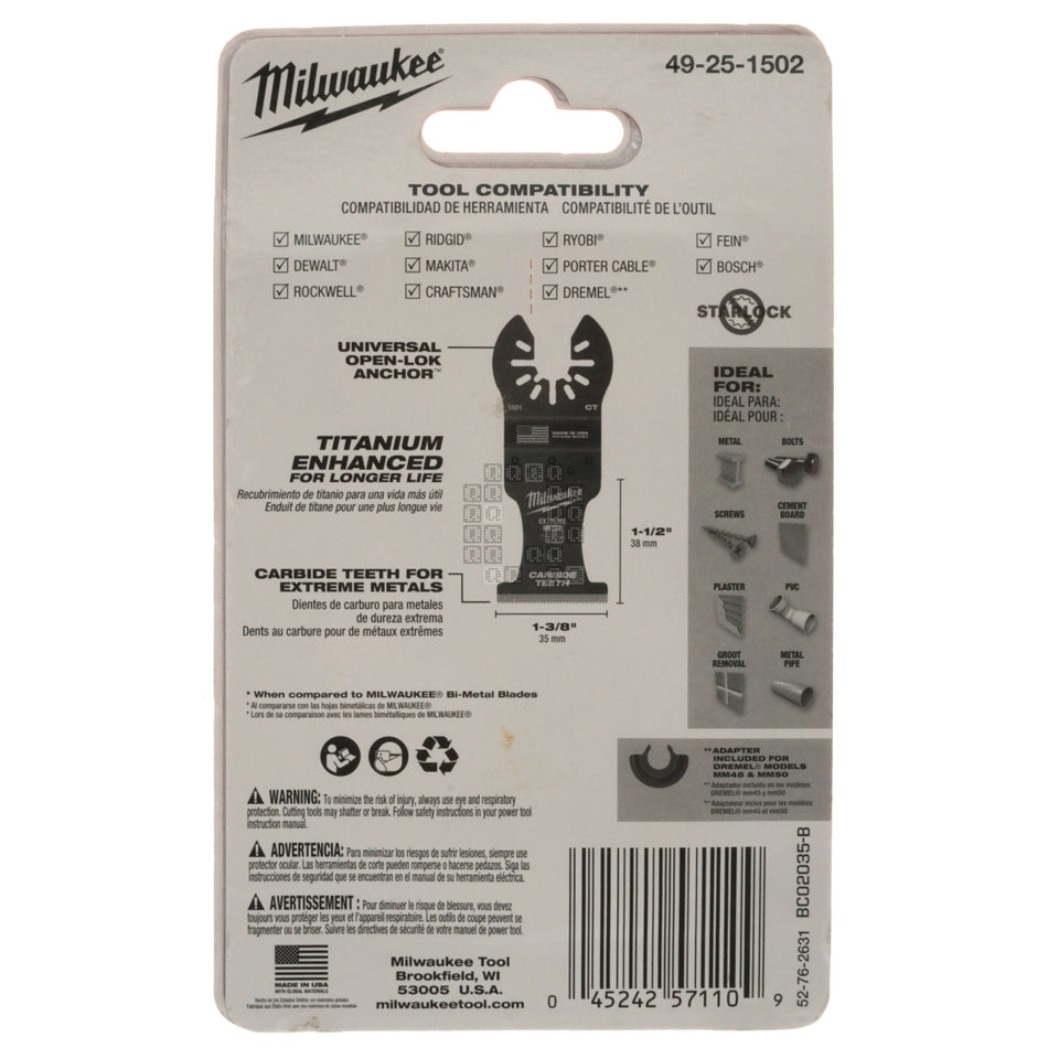 Milwaukee Tool 49-25-1502 Carbide Teeth TiN Plated OPEN-LOK Oscillating Tool Blade, 2-Pack