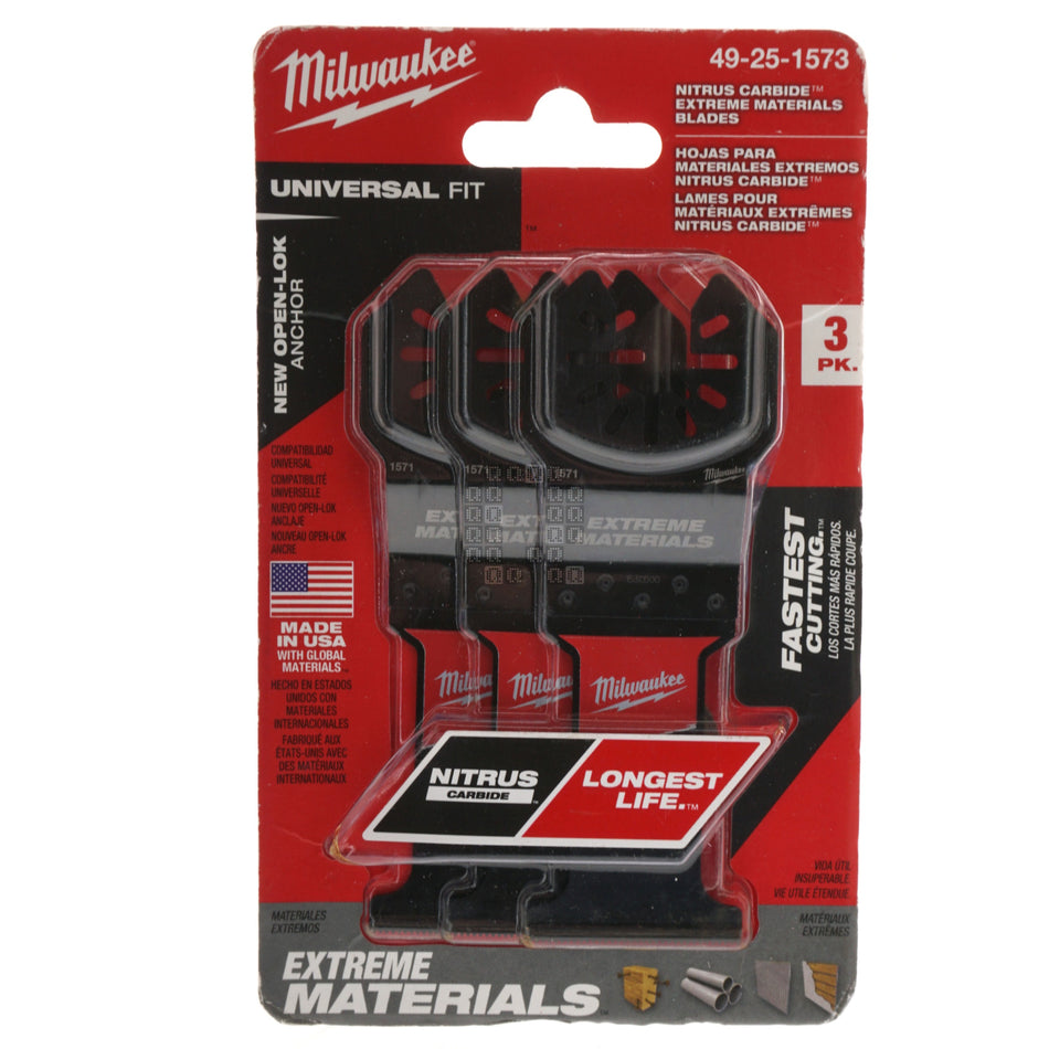 Milwaukee 49-25-1573 NITRUS CARBIDE Extreme Materials Universal Fit OPEN-LOK Multi-Tool Blade, 3-Pack