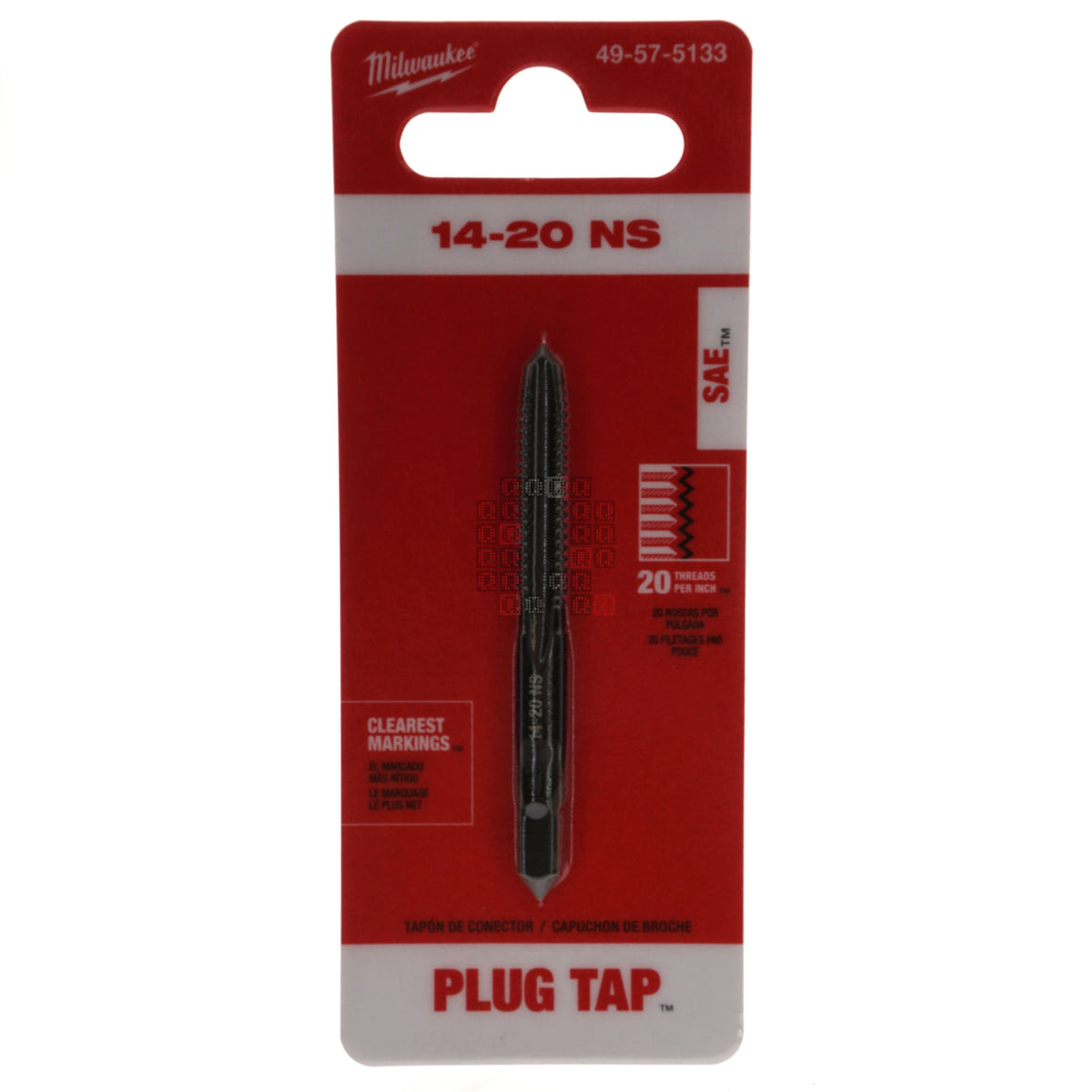 Milwaukee Tool 49575133 49-57-5133 1/4"-20 NS HCS High Carbon Steel SAE Straight Flute Plug Tap, Black Oxide Package Front