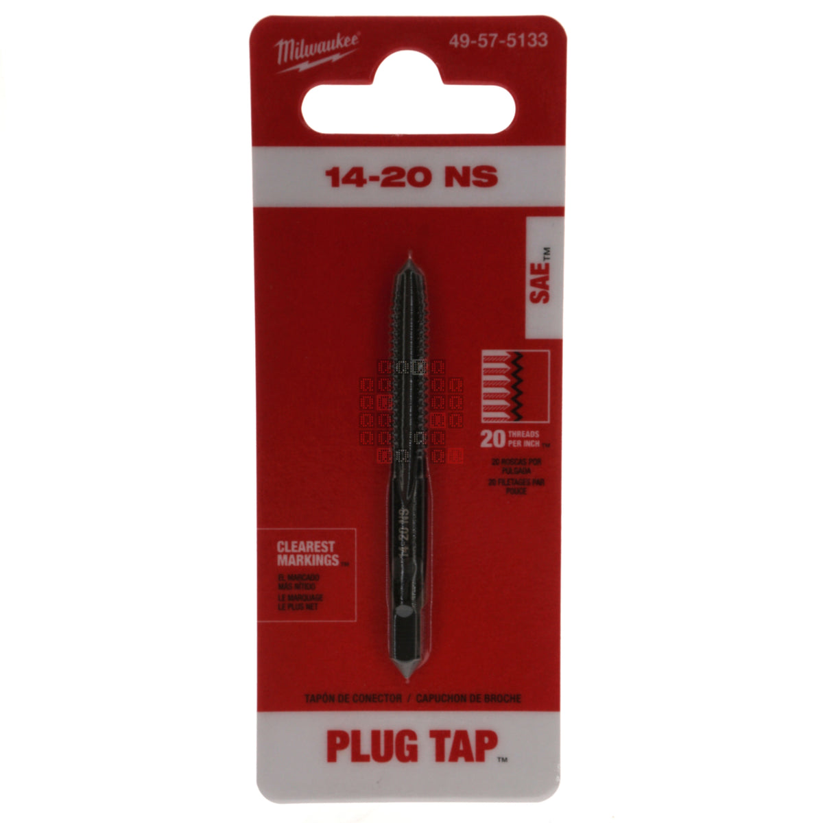 Milwaukee Tool 49575133 49-57-5133 1/4"-20 NS HCS High Carbon Steel SAE Straight Flute Plug Tap, Black Oxide Package Front