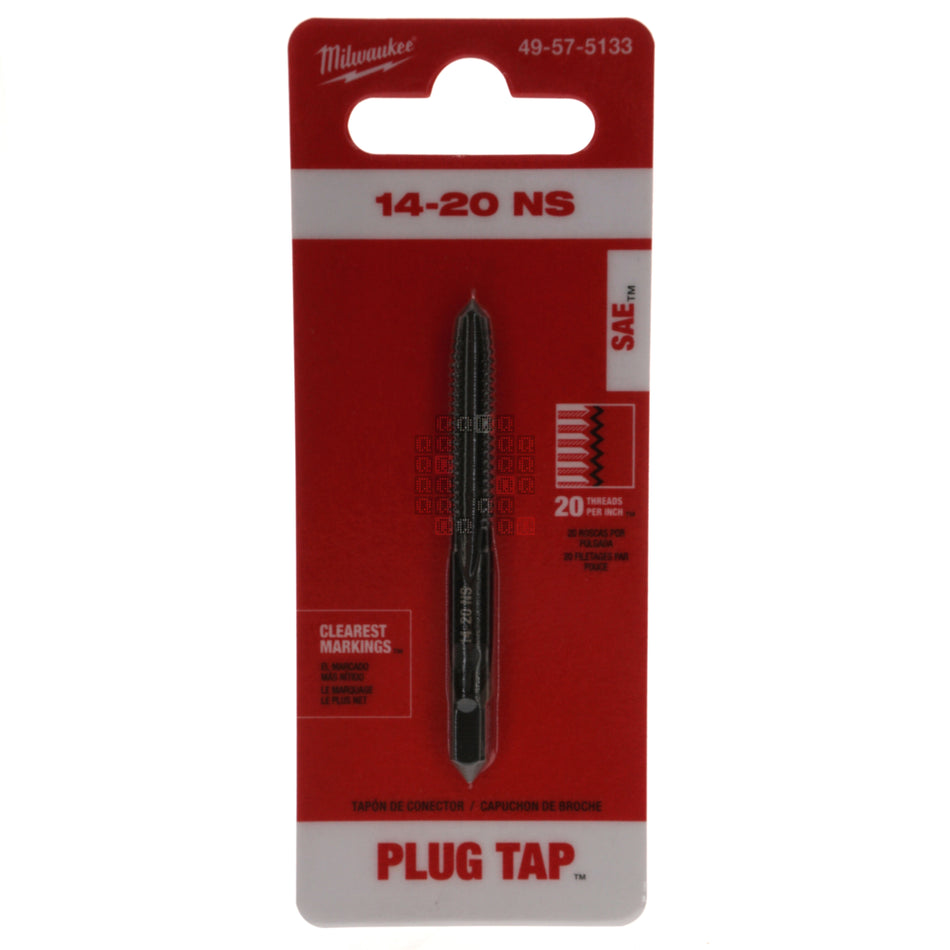 Milwaukee Tool 49575133 49-57-5133 1/4"-20 NS HCS High Carbon Steel SAE Straight Flute Plug Tap, Black Oxide Package Front