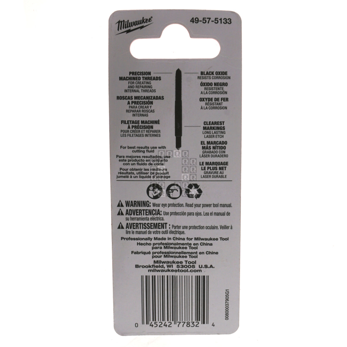 Milwaukee Tool 49575133 49-57-5133 1/4"-20 NS HCS High Carbon Steel SAE Straight Flute Plug Tap, Black Oxide Package Back