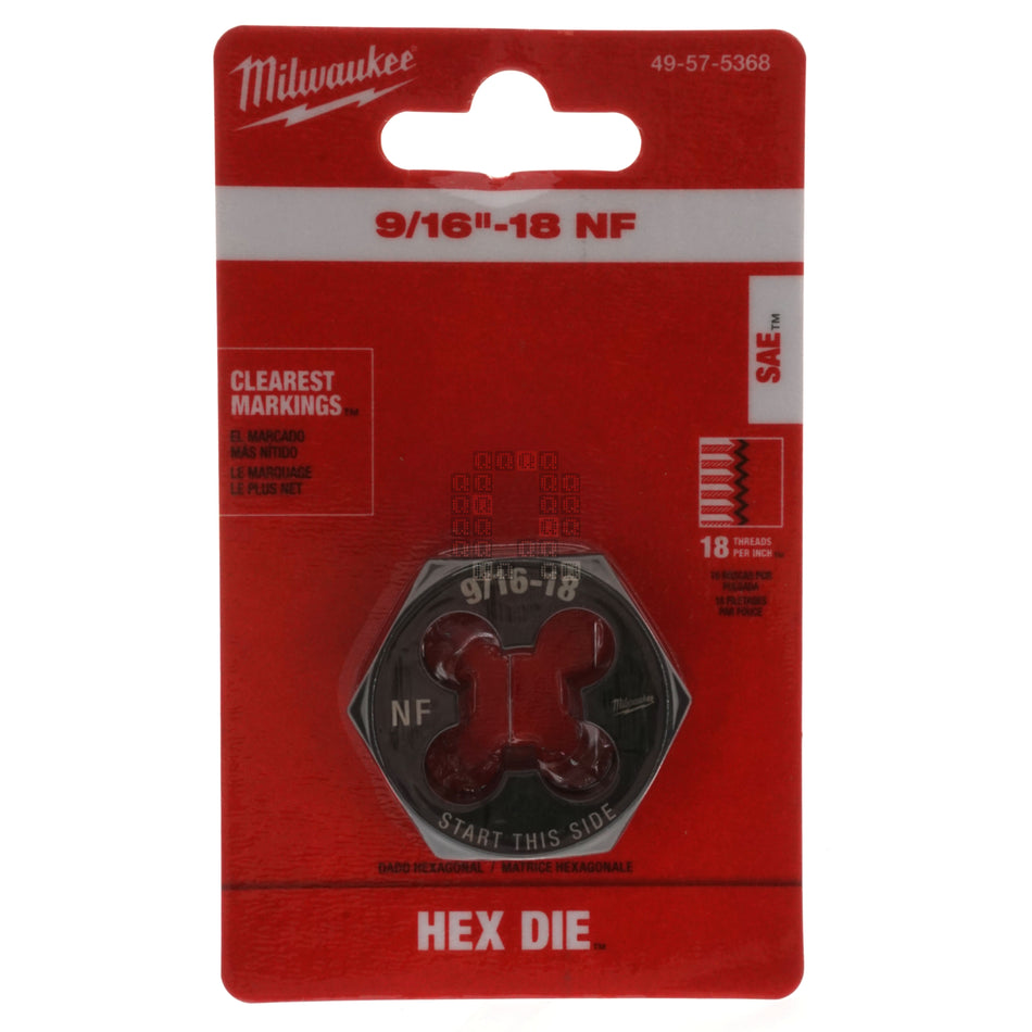 Milwaukee Tool 49-57-5368 1-7/16" Hex Threading Die, 9/16"-18 NF Right Hand RH