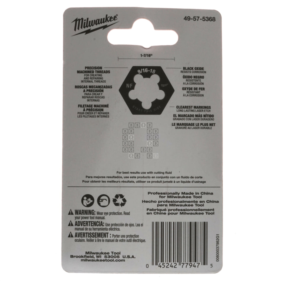 Milwaukee Tool 49-57-5368 1-7/16" Hex Threading Die, 9/16"-18 NF Right Hand RH