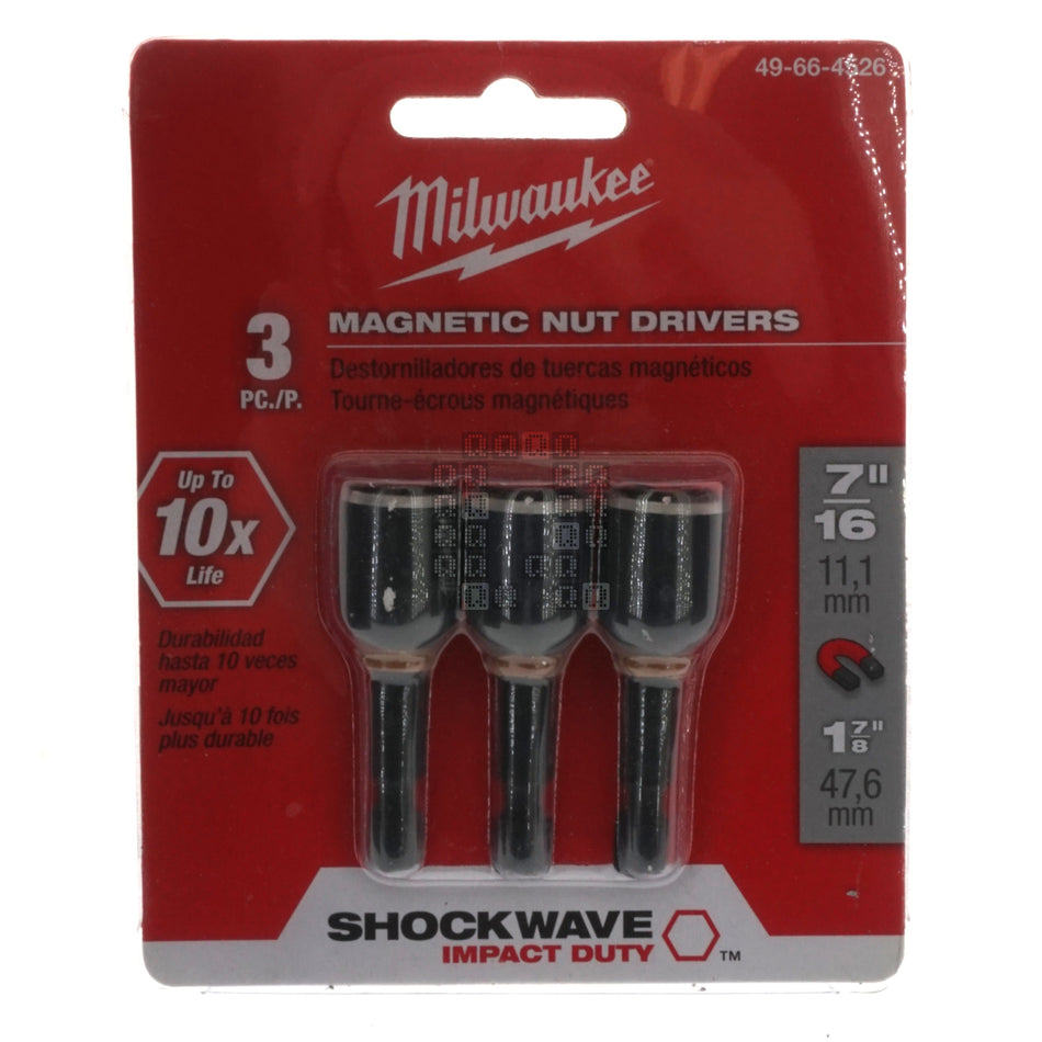 Milwaukee Tool 49-66-4526 SHOCKWAVE Impact Duty 7/16" x 1-7/8" Magnetic Nut Driver. 3-Pack