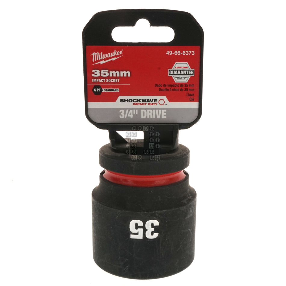Milwaukee Tool 49-66-6373 SHOCKWAVE Black Impact Duty 3/4" Drive Standard Length Metric 35mm Hex 6 Point Socket Package Front