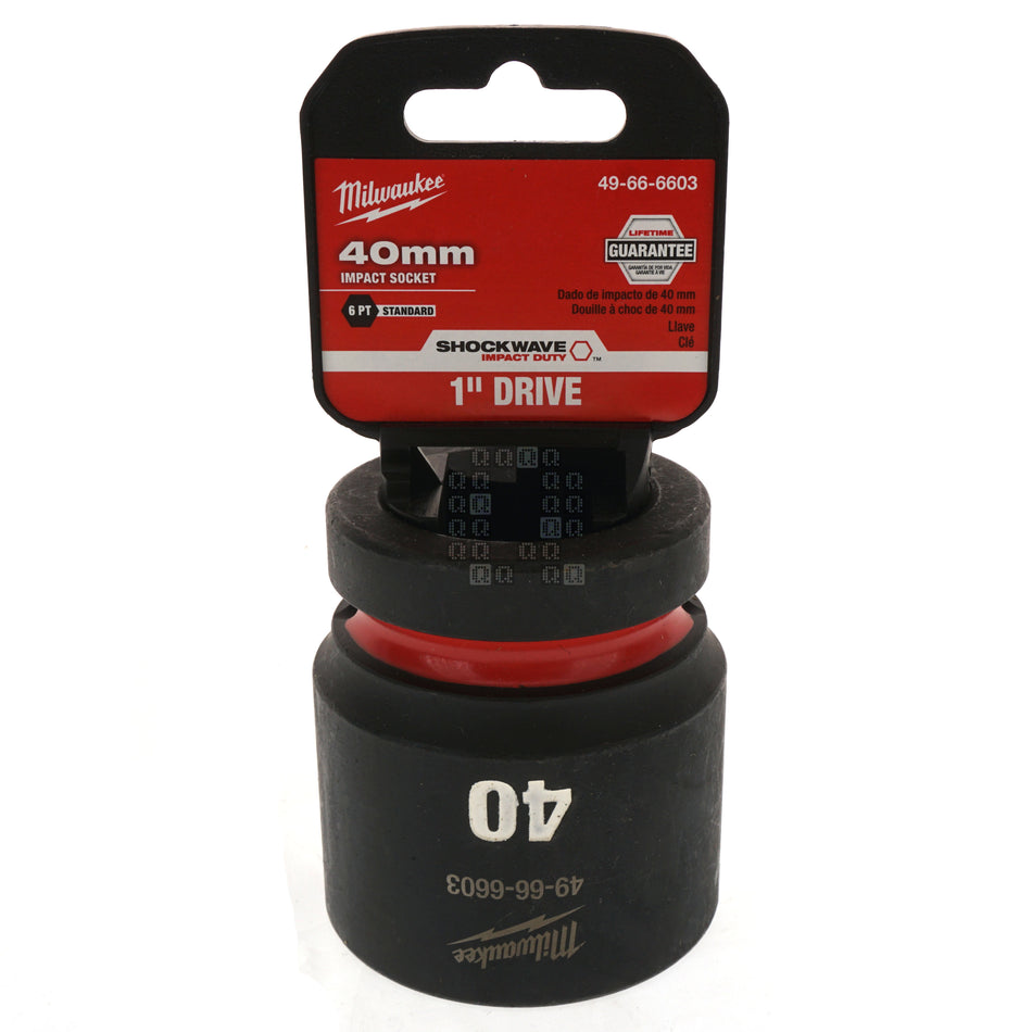 Milwaukee Tool 49-66-6603 SHOCKWAVE Impact Duty 1" Square Input Drive Metric 40MM 6 Point Standard-Length Socket Package Front