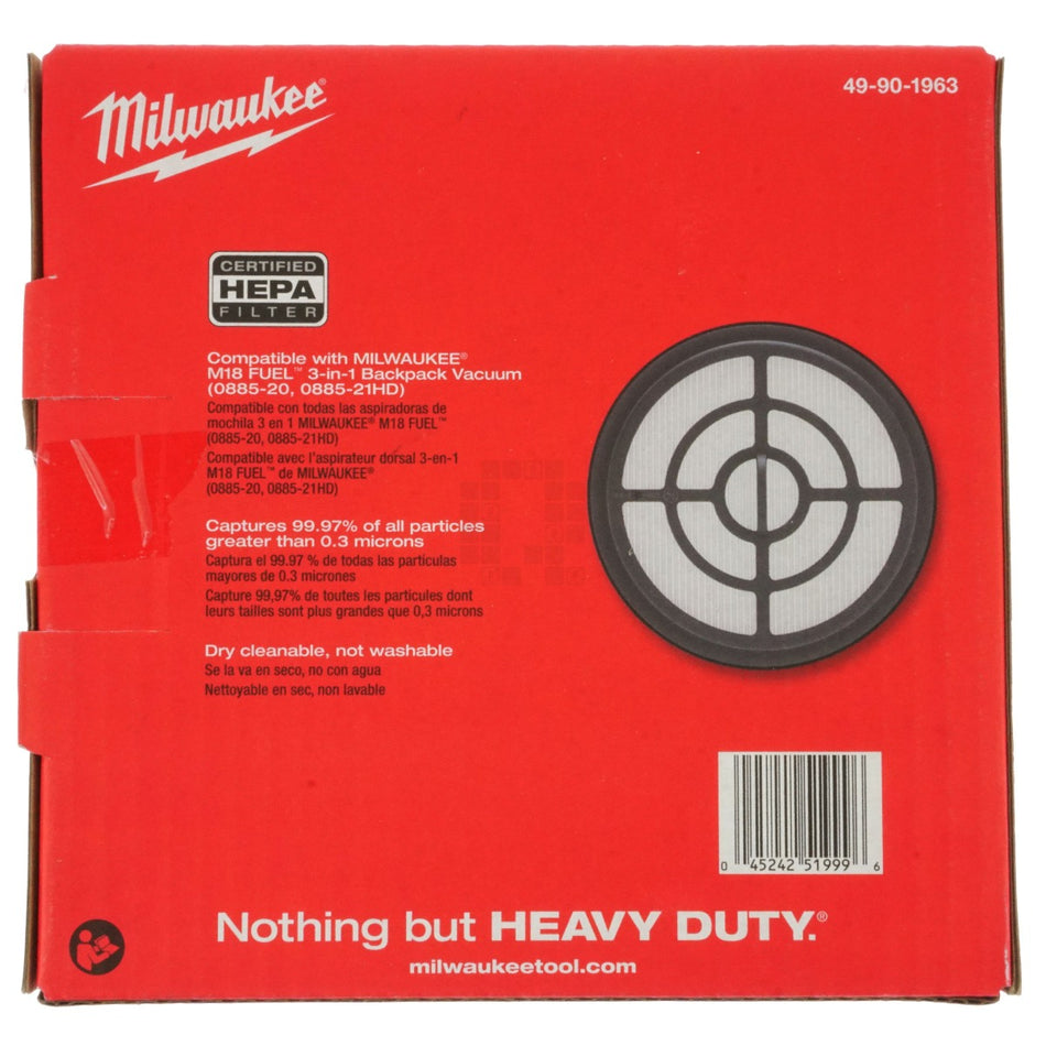 Milwaukee 49-90-1963 HEPA Filter for 0885-20 Backpack Vacuum