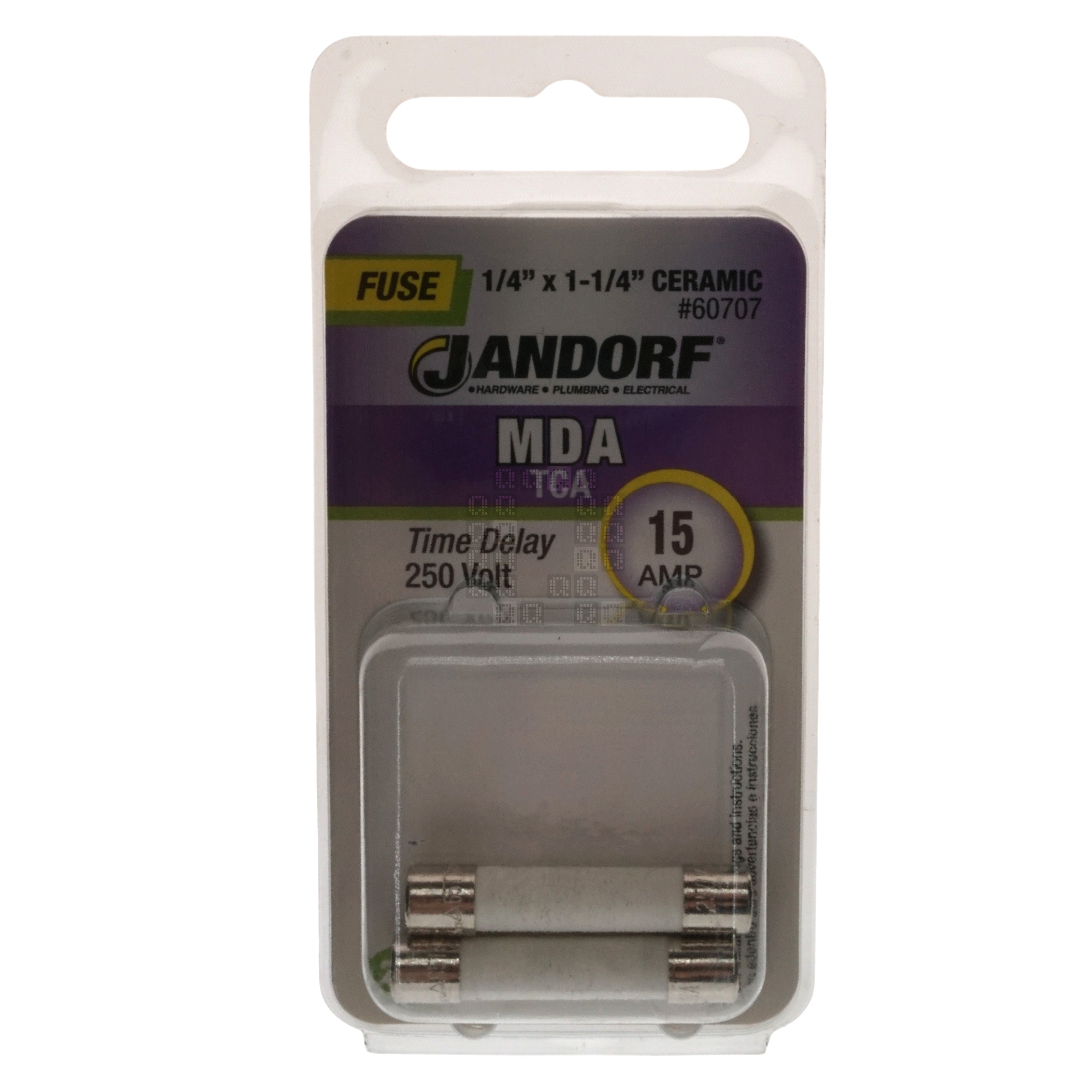 Jandorf 60707 Ceramic Body Slow Blow Time Delay Fuse, 15-Amp, 250VAC Clamshell Package Front