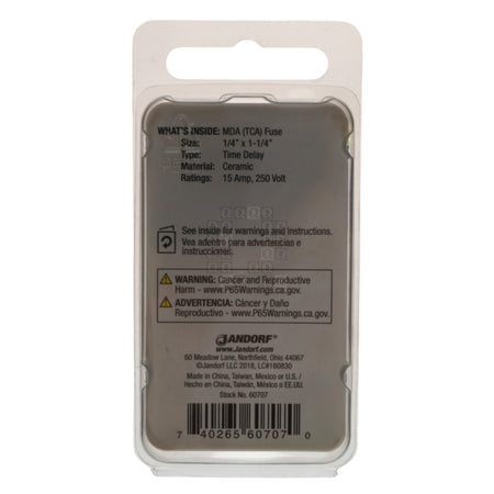 Jandorf 60707 Ceramic Body Slow Blow Time Delay Fuse, 15-Amp, 250VAC Clamshell Package Back