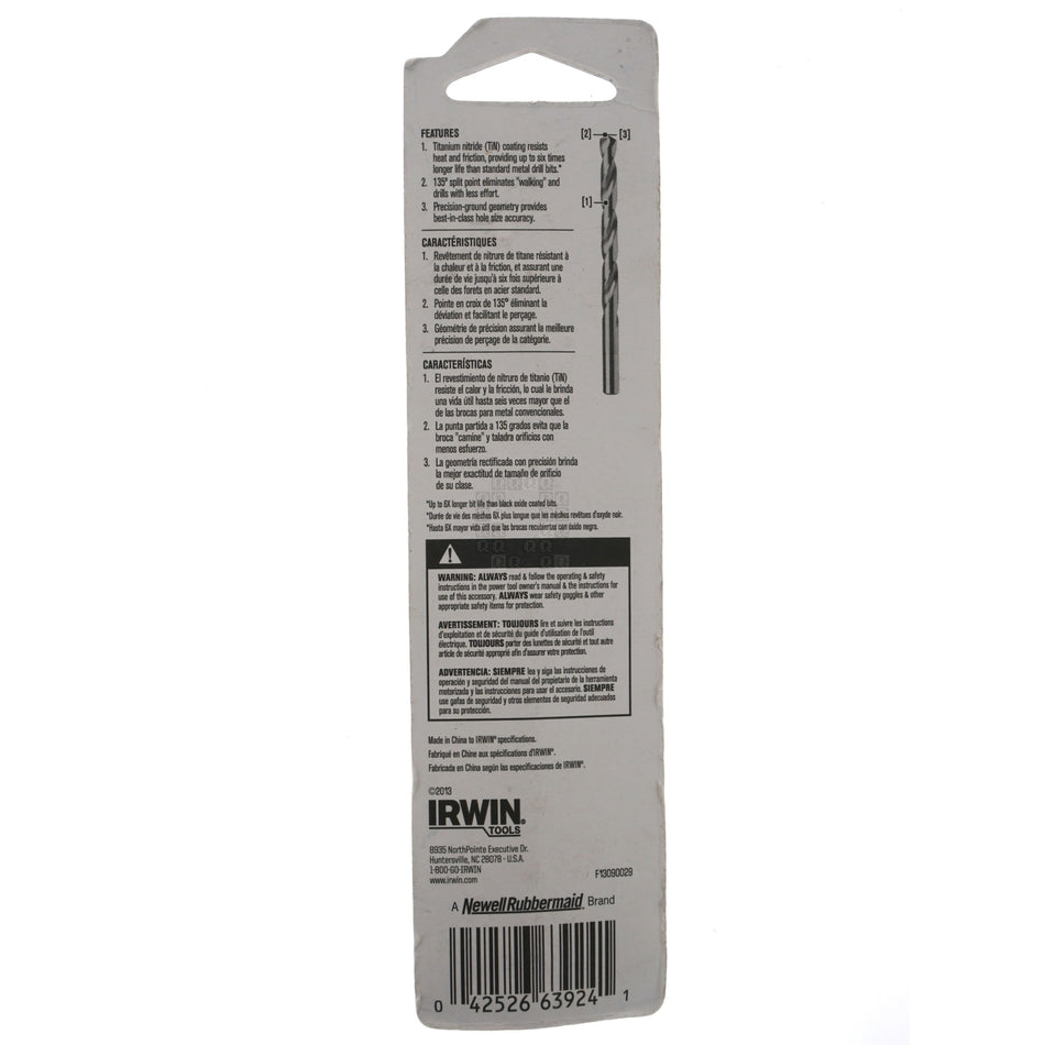 Irwin 63924 3/8" Titanium (TiN) Coated 135° Split Point Drill Bit