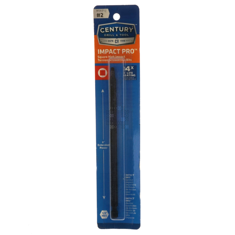 Century Drill & Tool Corp 66302 SQ2 / #2 Square Impact Pro High Impact Torsion Screwdriver Bit, 6" Length, 1/4" Hex Quick Connect