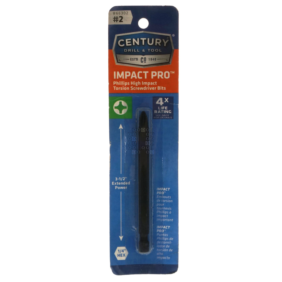 Century Drill & Tool 66302 PH2 / #2 Phillips Impact Pro High Impact Torsion Screwdriver Bit, 3-1/2" Length, 1/4" Hex Quick Connect