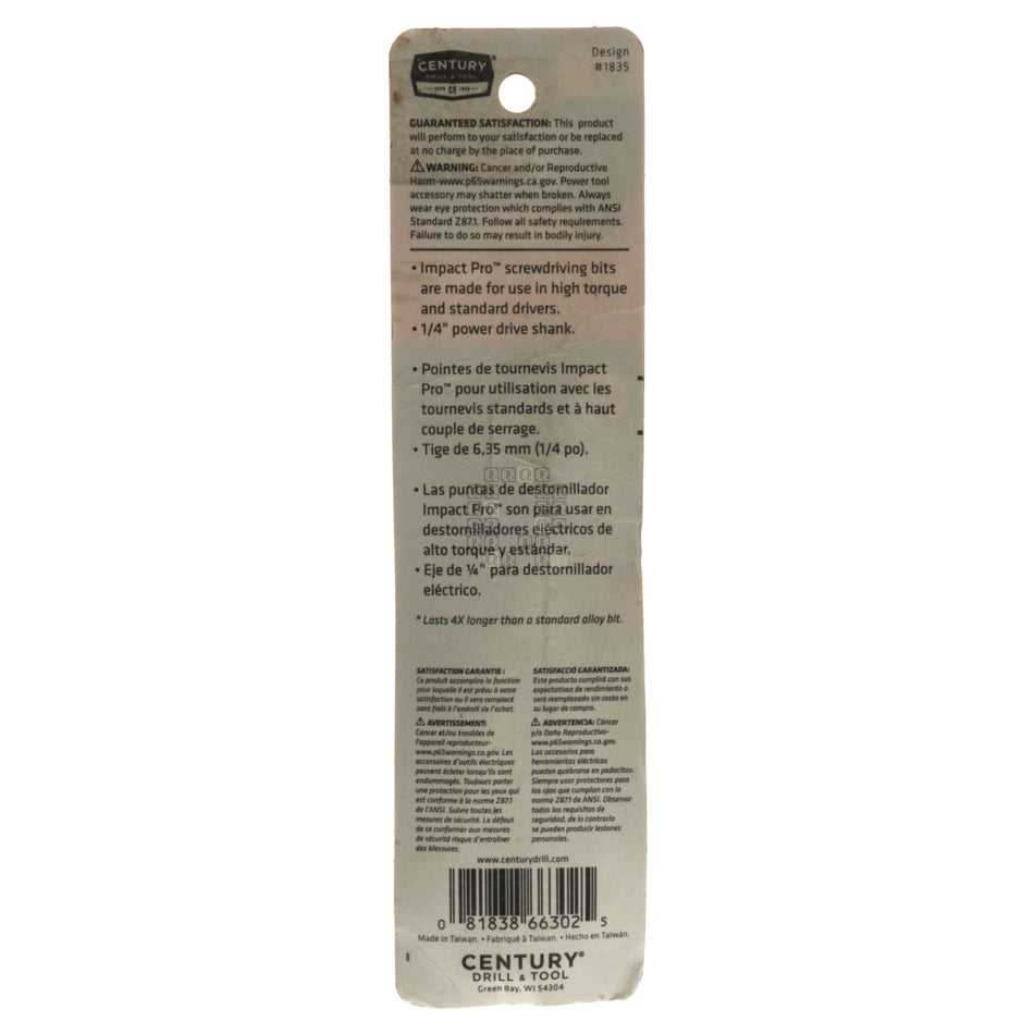 Century Drill & Tool 66302 PH2 / #2 Phillips Impact Pro High Impact Torsion Screwdriver Bit, 3-1/2" Length, 1/4" Hex Quick Connect