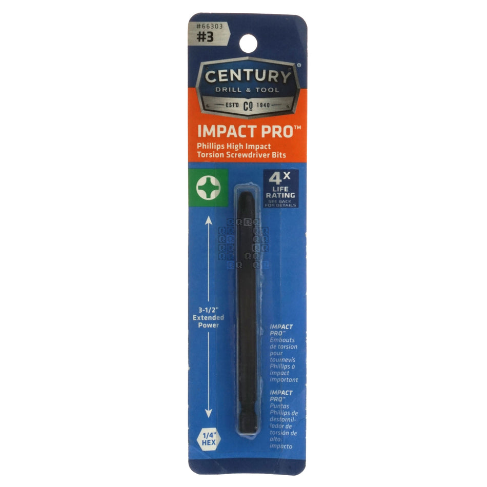 Century 66303 PH3 / #3 Phillips Impact Pro High Impact Torsion Screwdriver Bit, 3-1/2" Length, 1/4" Hex Quick Connect