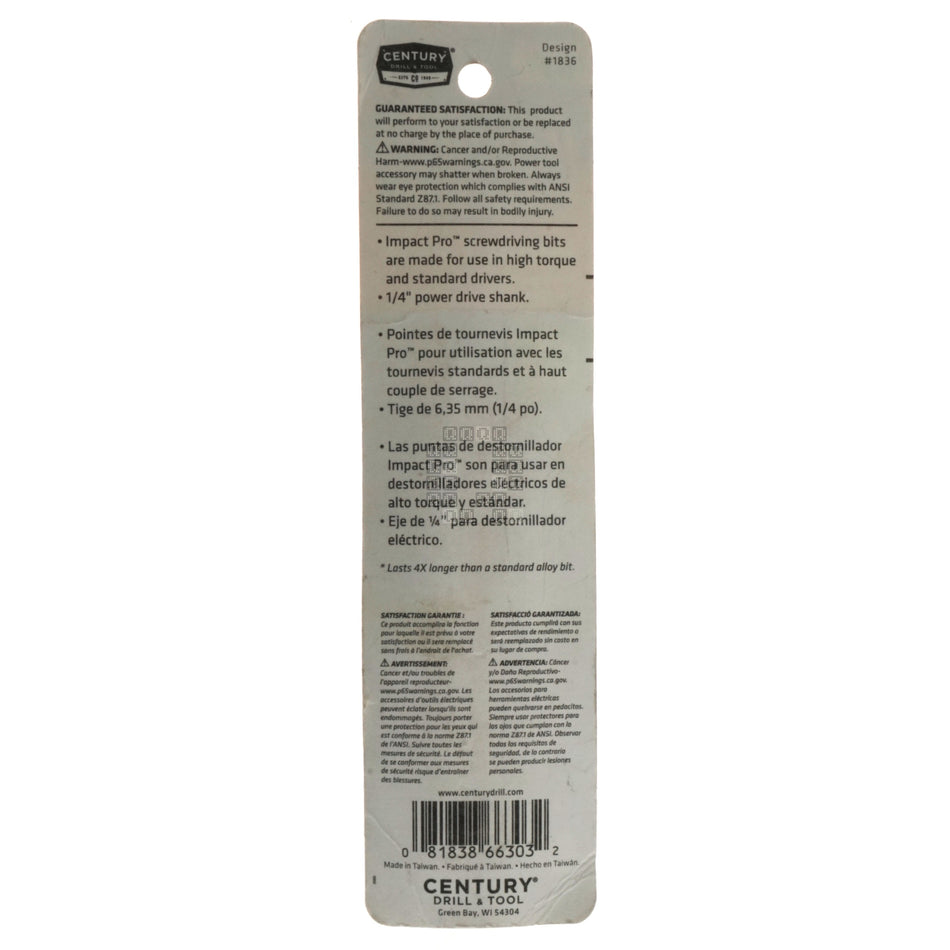 Century 66303 PH3 / #3 Phillips Impact Pro High Impact Torsion Screwdriver Bit, 3-1/2" Length, 1/4" Hex Quick Connect