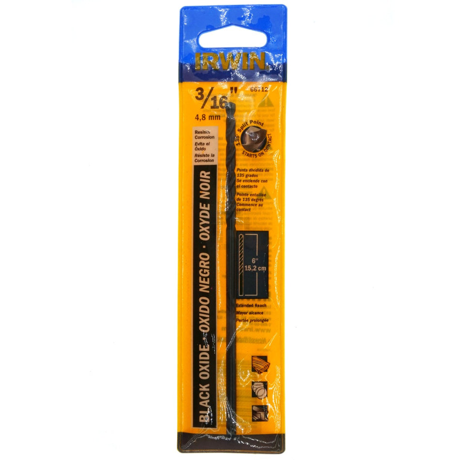 Irwin 66712 3/16" Extended Reach Black Oxide Aircraft Drill Bit, 6", 135° Split Point