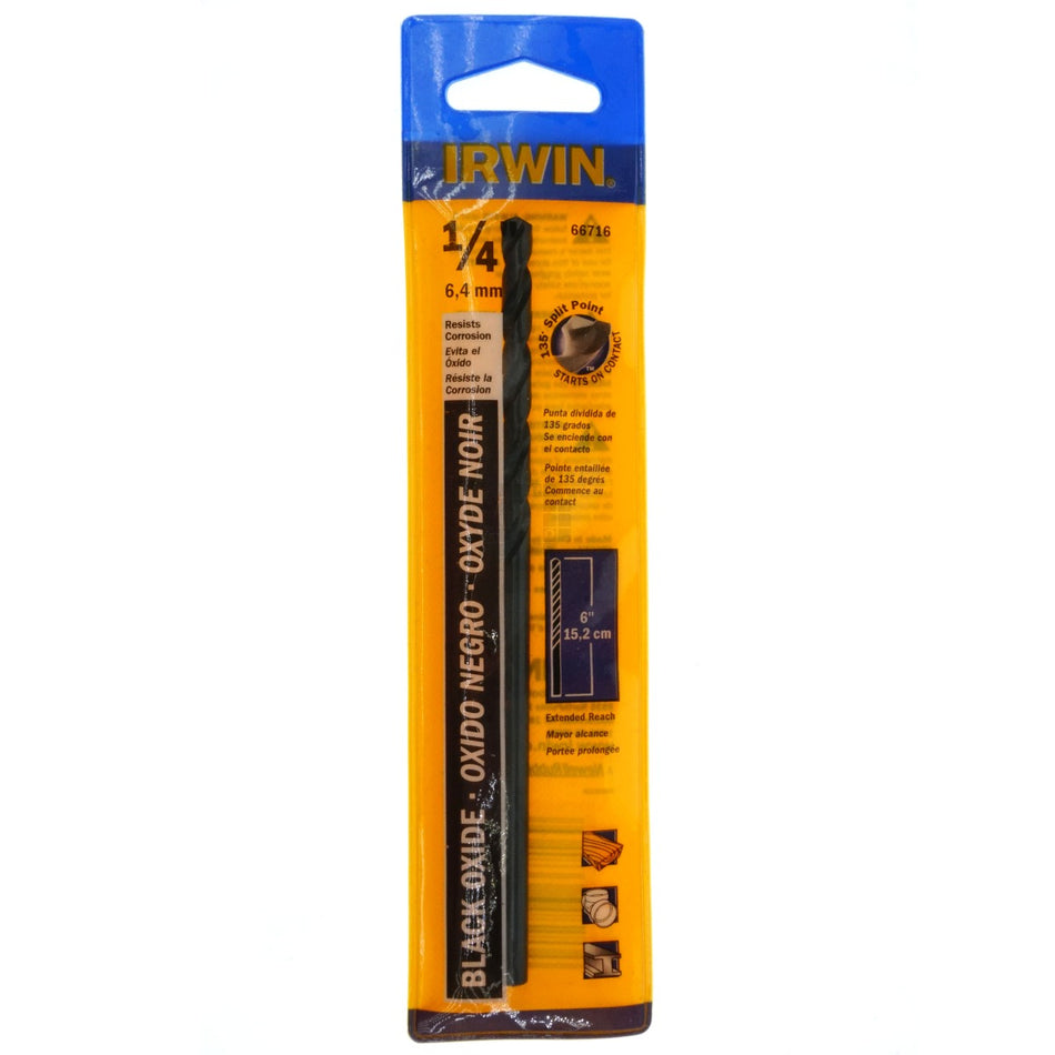 Irwin 66716 1/4" Extended Reach Black Oxide Aircraft Drill Bit, 6" 135° Split