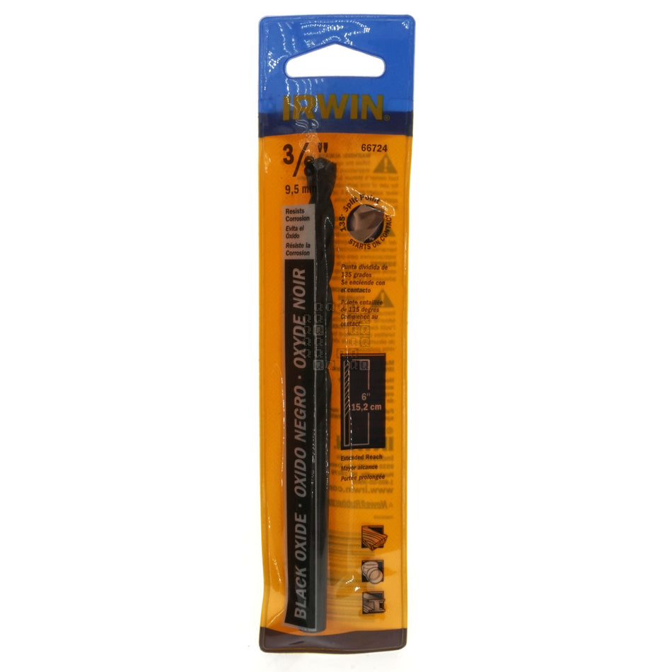 Irwin 66724 3/8" Extended Reach Black Oxide Aircraft Drill Bit, 6" Length, 135° Split Point