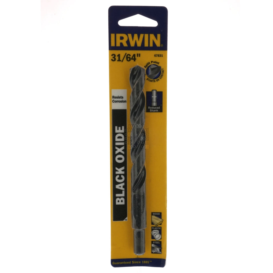 Irwin 67831 31/64" Black Oxide 135° Split Point Drill Bit, 3/8" Reduced Shank