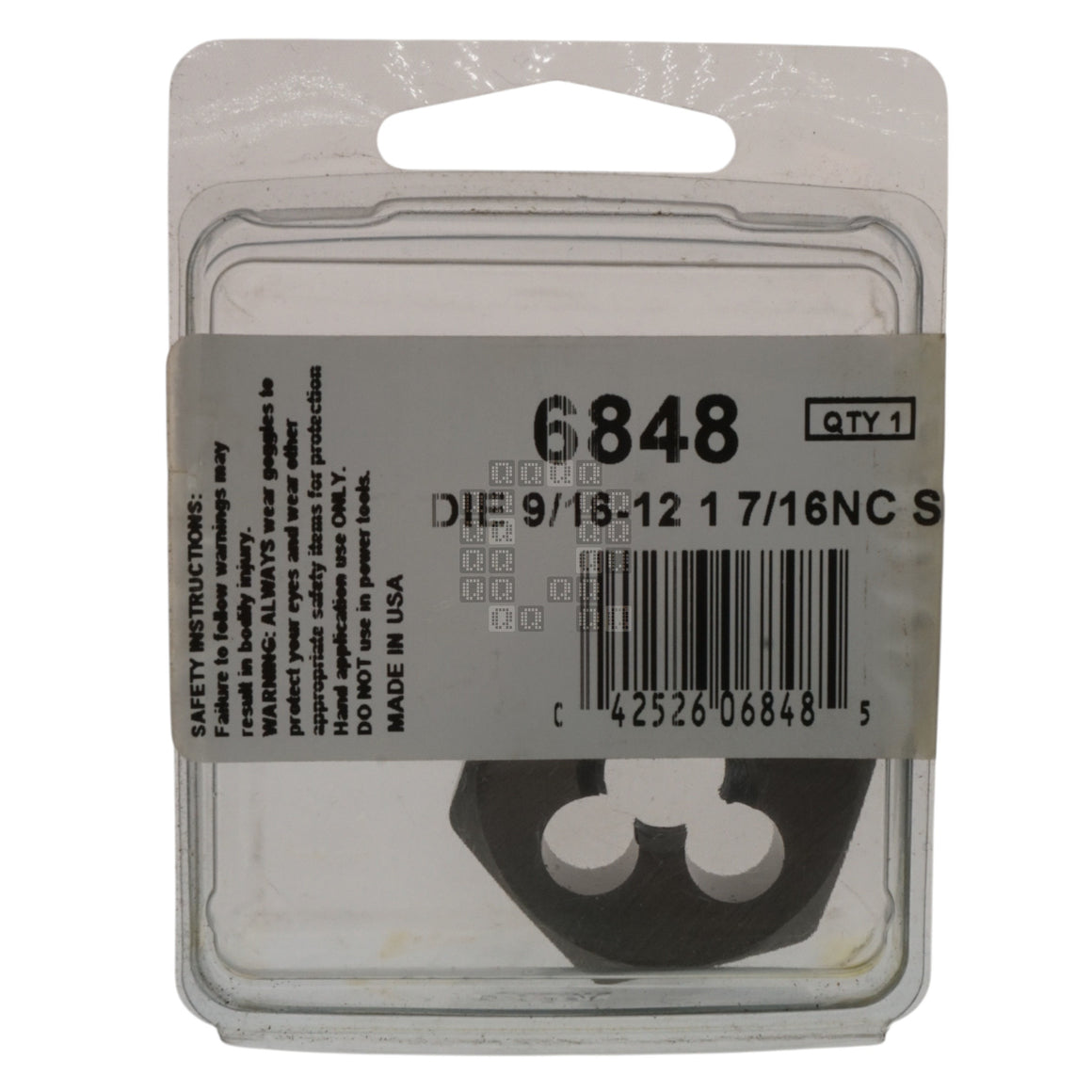 Irwin Hanson 6848 9/16"-12NC Right Hand (RH) High Carbon Steel HCS 1-7/16" Hex Die Package Front 