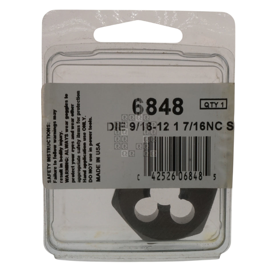 Irwin Hanson 6848 9/16"-12NC Right Hand (RH) High Carbon Steel HCS 1-7/16" Hex Die Package Front 
