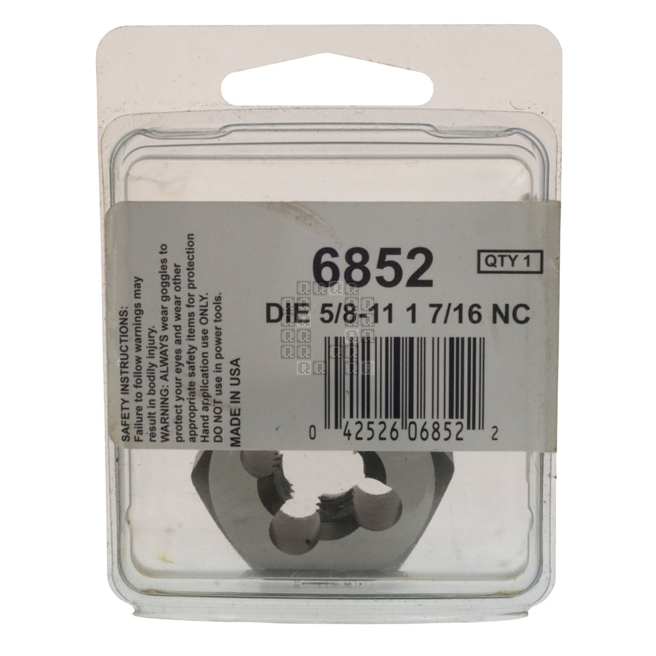 Irwin Hanson 6852 High Carbon Steel 1-7/16" Hex Die, 5/8"-11 RH NC