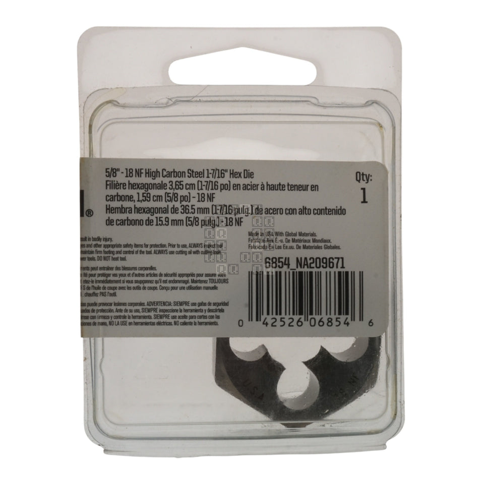 Irwin Hanson 6854 High Carbon Steel HCS 1-7/16" Hex Die, 5/18"-18 RH NC