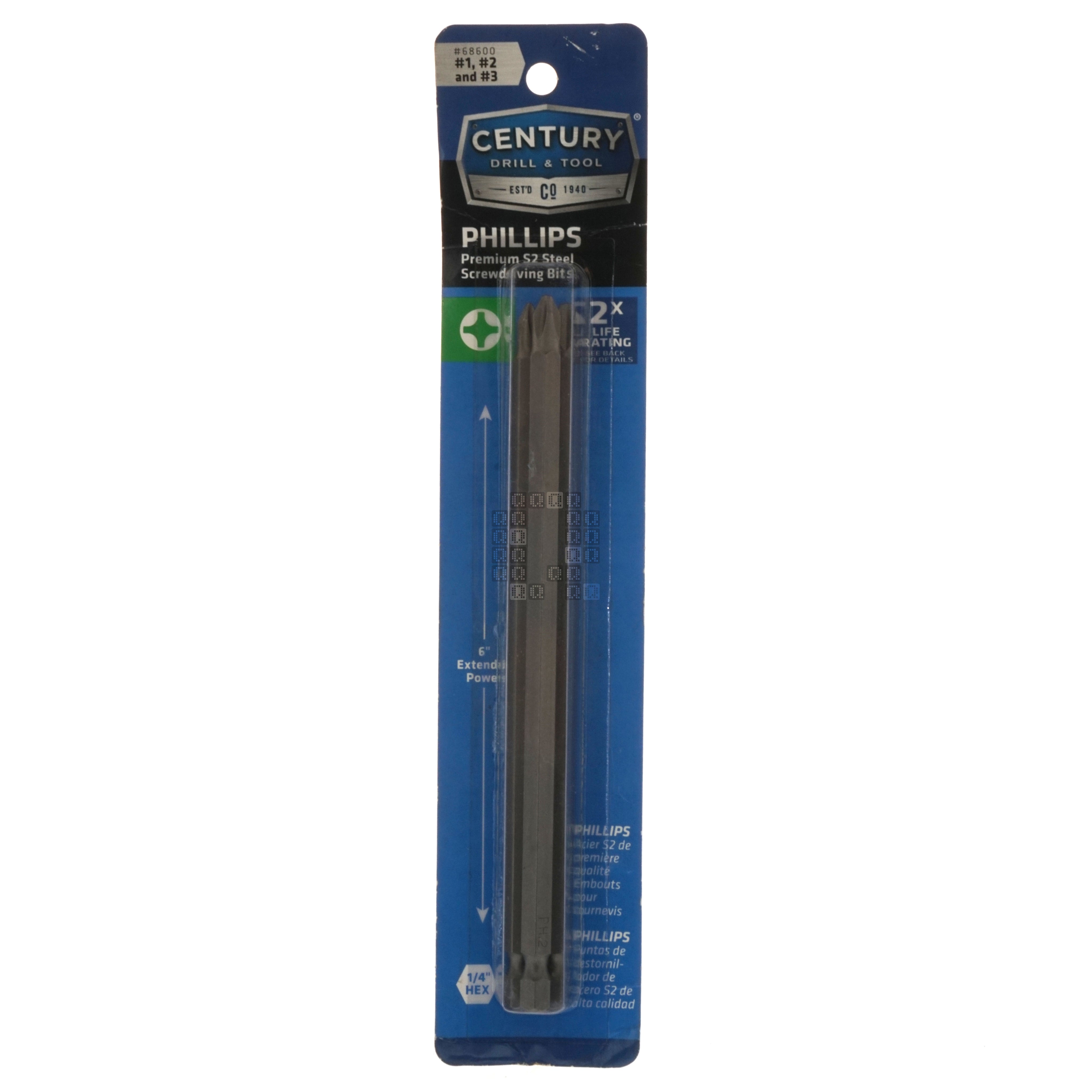 Century Drill & Tool 68600 PH1 PH2 PH3 / #1 #2 #3 Phillips 3-Piece Premium S2 Steel Screwdriver Set Package Front