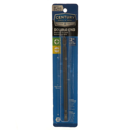 Century Drill & Tool 68681 PH1 / #1 Phillips / #6-8 Slotted Double Ended Power Screwdriver Bit, 6" Length Package Front